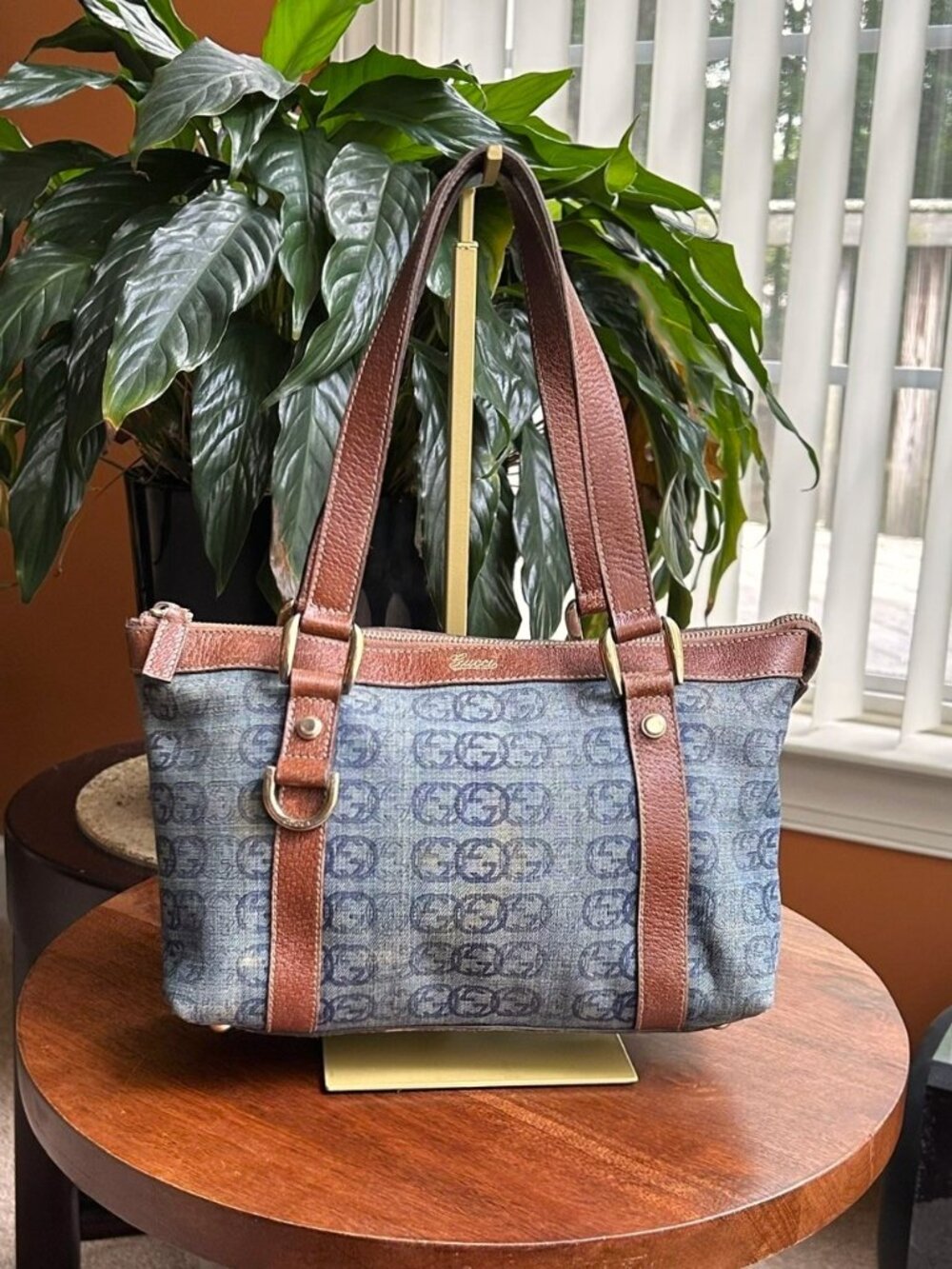 GUCCI GG Denim Tote, Satchel Bag, Blue, Brown